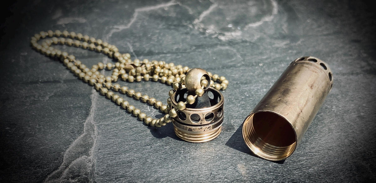 Aged Solid Brass Small Pill Vial Distressed Shotgun Shell Capsule Stash Urn Engraved Cross Pendant & Matching Ball Chain Necklace