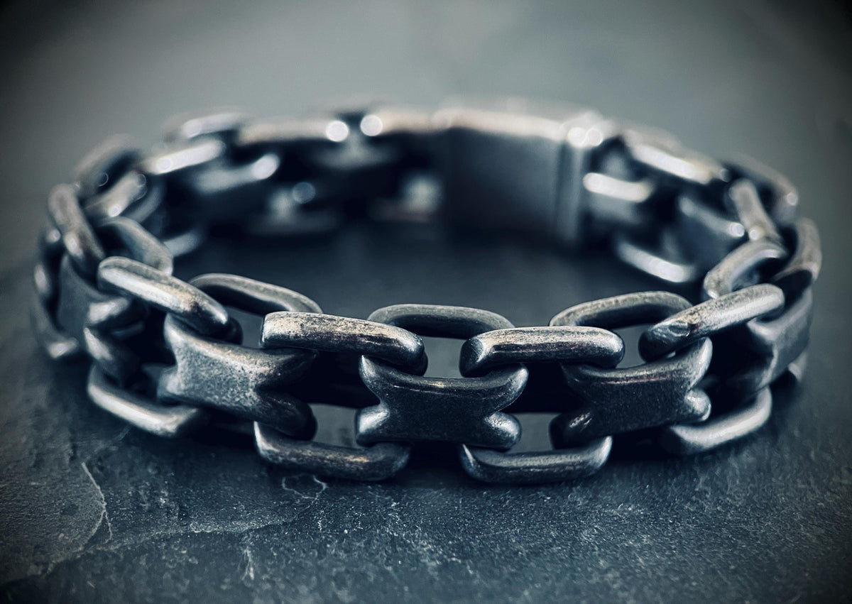 Mens Chunky Blackened Stainless Steel Chain Bracelet: Heavy Duty Oxidized Finish