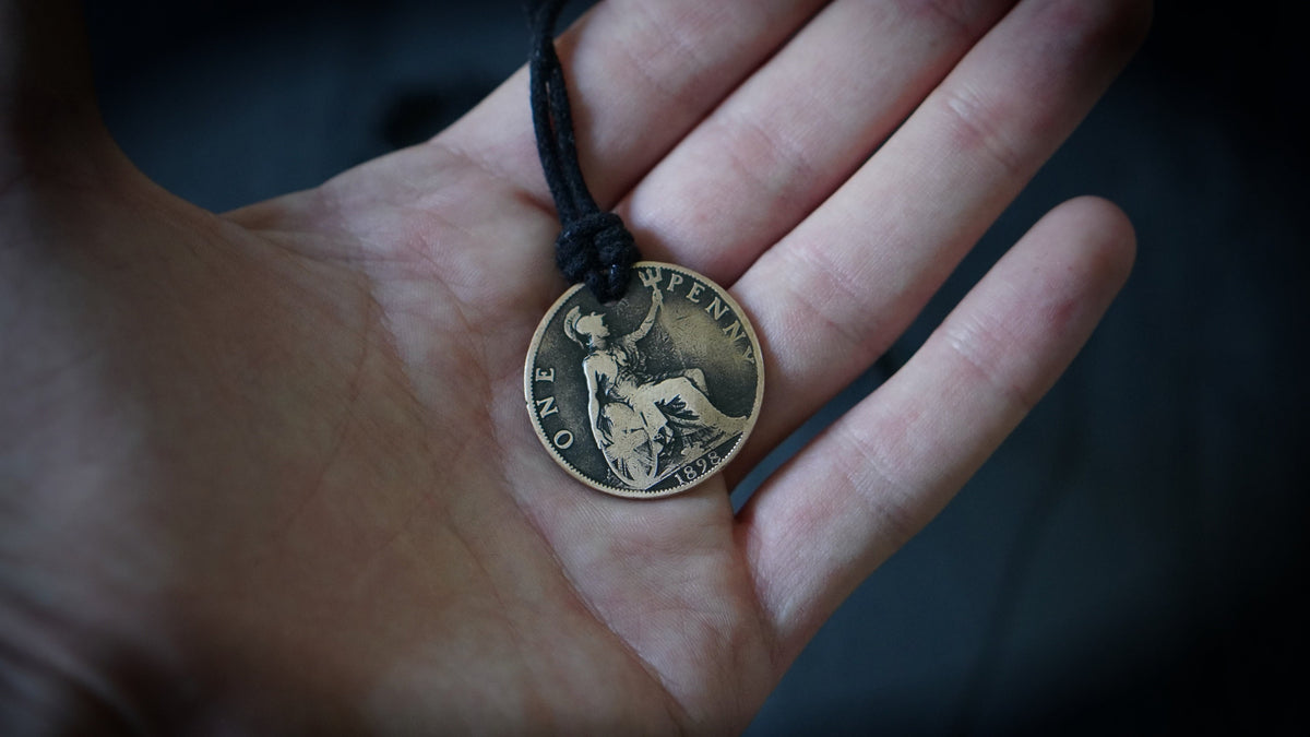 Victorian Penny Coin Necklace: Distressed Copper Pendant, Adjustable Cord