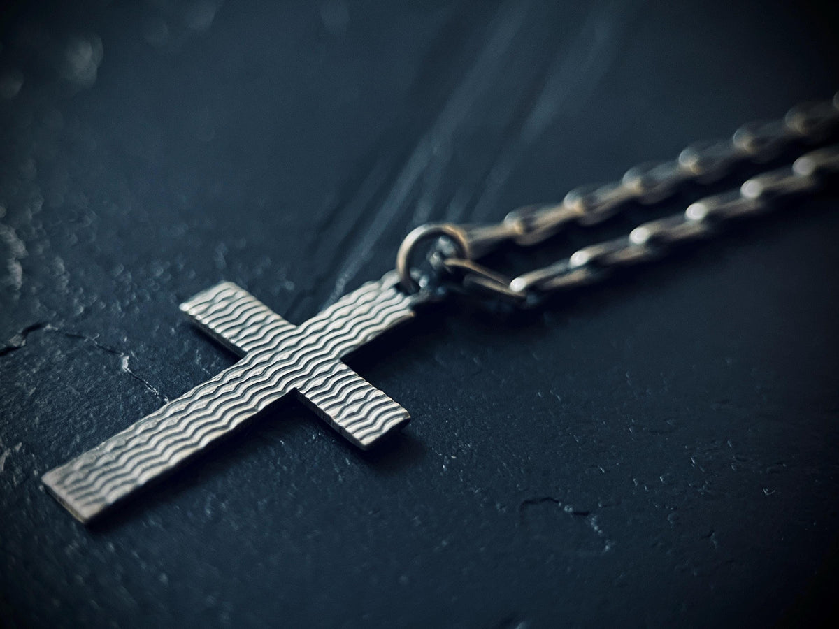 Small Rustic Minimalist Solid Sterling Silver 925 Cross Crucifix Pendant & Paperclip Cable Chain Necklace