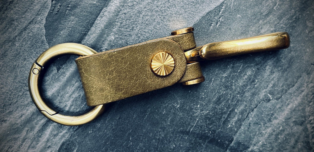 Distressed Olive Green Leather Brass Fish Hook Belt Keychain / Key Holder / Lanyard / Carabiner