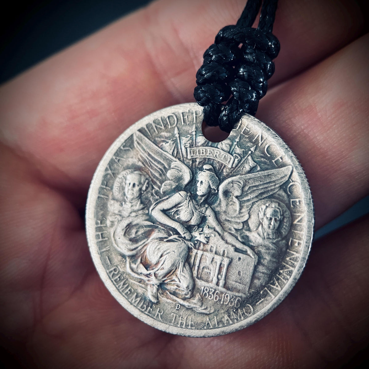 Ornate Rustic Silver Angel Medallion Pendant with Black Adjustable Cord Necklace