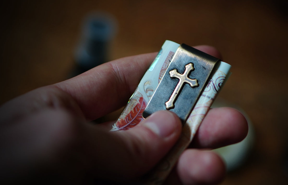 Handmade Distressed Brass Money Clip: Oxidized Cross Crucifix Design