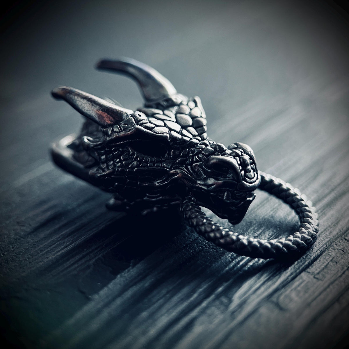 Black Oxidised Blackened Dark Steel Ornate Dragon Amulet Pendant