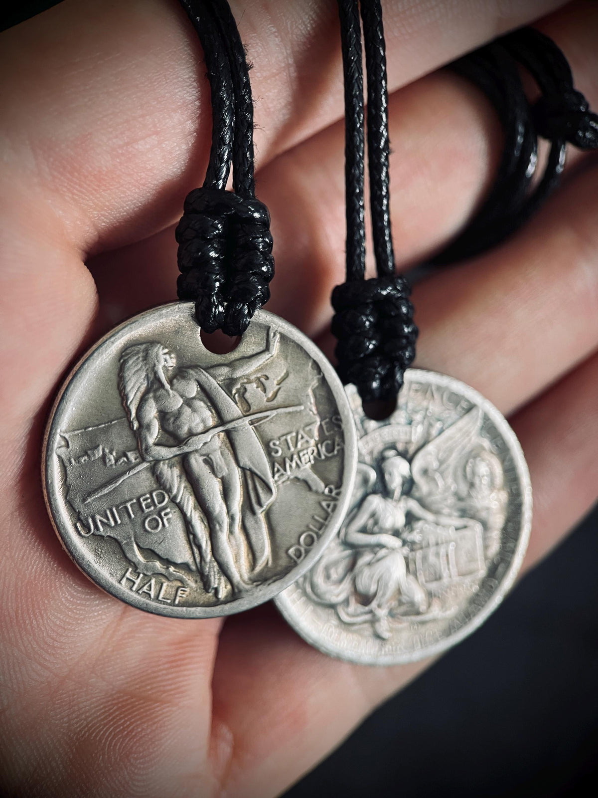Couples His & Hers Rustic Silver Medallion Pendant Necklaces - Warrior and Angel