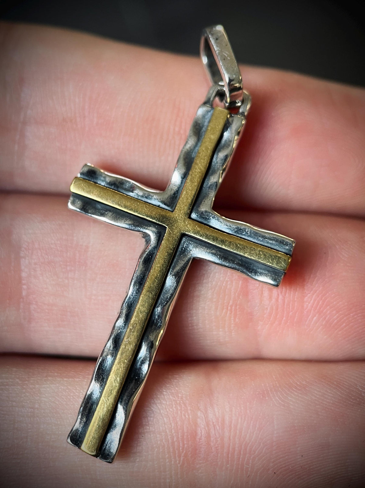 Distressed Handmade 925 Solid Sterling Silver & Brass Simple Minimalist Hammered Cross Crucifix Pendant with Presentation Gift Box