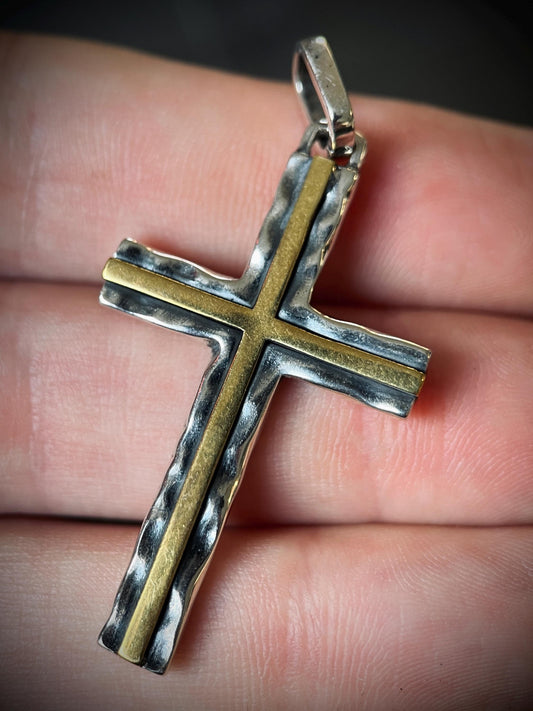 Distressed Handmade 925 Solid Sterling Silver & Brass Simple Minimalist Hammered Cross Crucifix Pendant with Presentation Gift Box