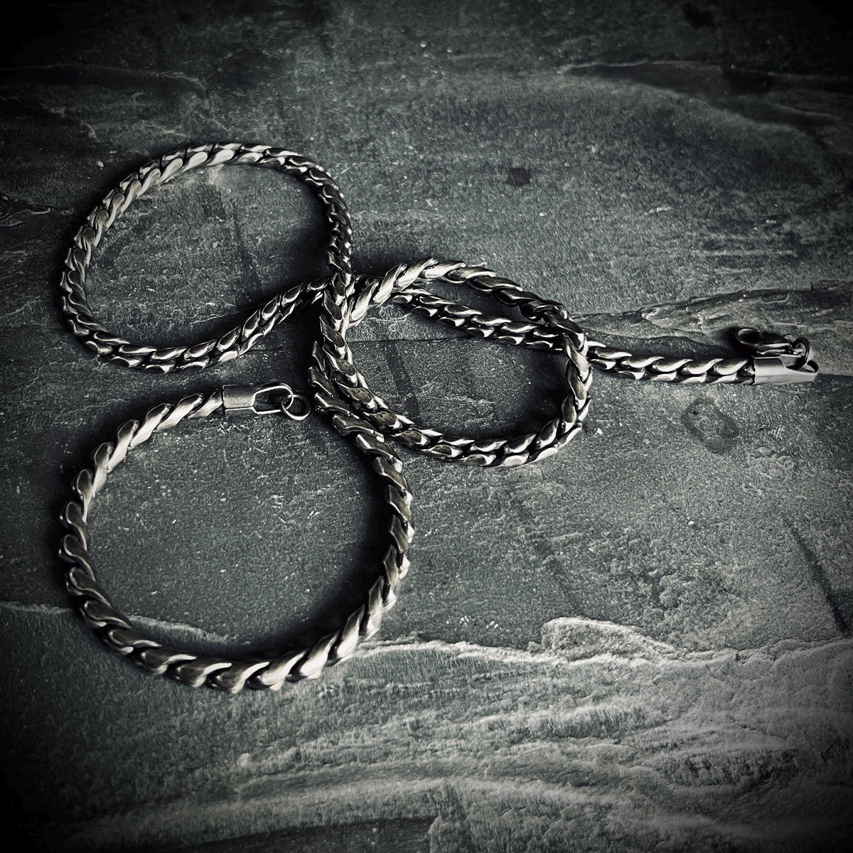 Oxidised Simple Stainless Steel Matte Silver Thick Chunky Heavy Wheat Chain Necklace - Mens / Style / Minimalist - 60cm