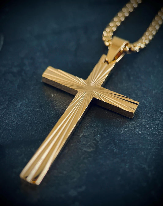Gold Stainless Steel Ornate Engraved Pattern Cross Pendant & Necklace - Boxy Style