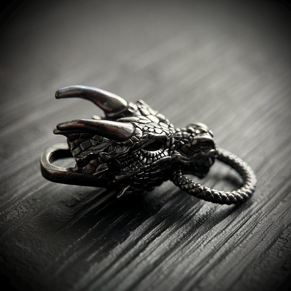 Black Oxidised Blackened Dark Steel Ornate Dragon Amulet Pendant