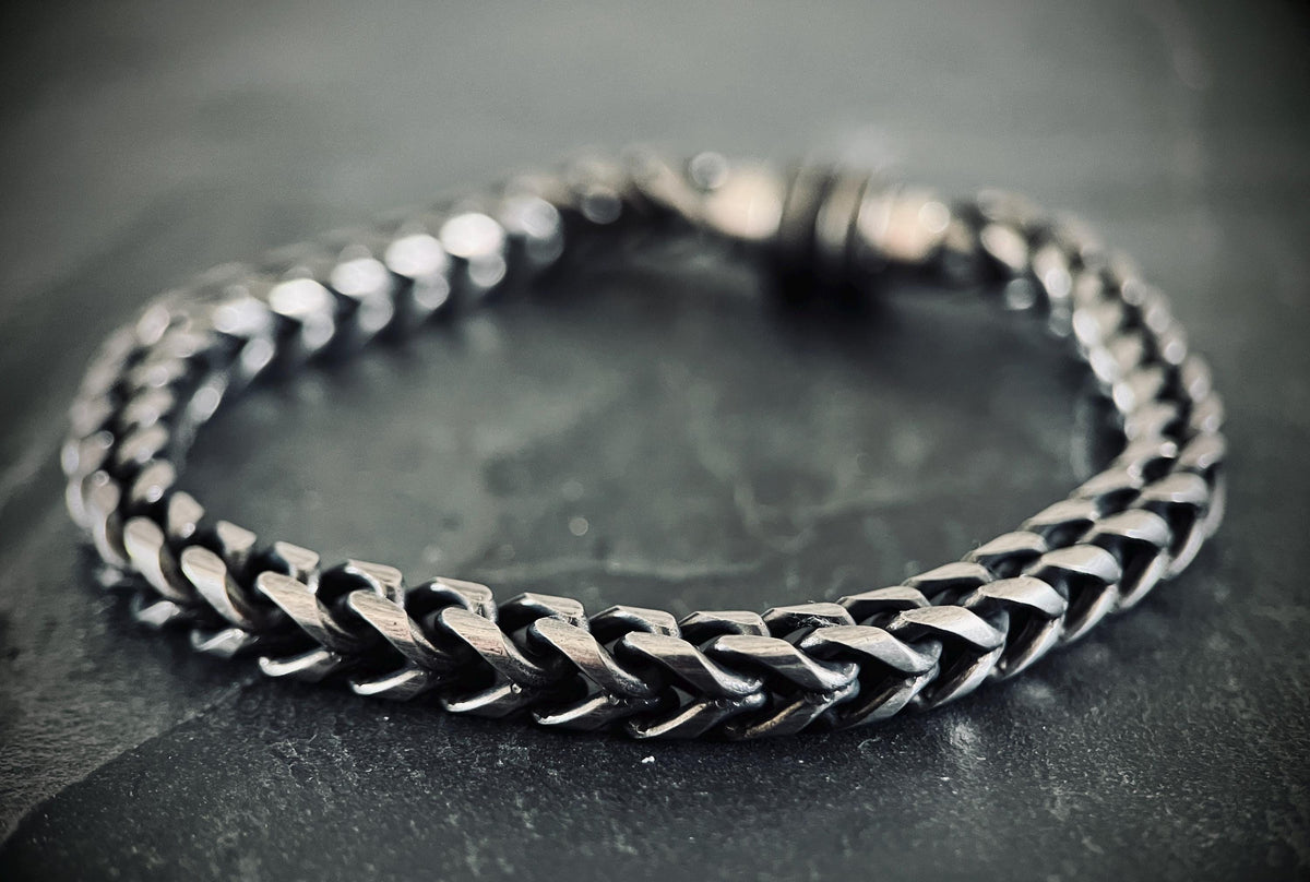 Oxidised Simple Stainless Steel Matte Blackened Silver Thick Chunky Foxtail Cable Link Chain Bracelet