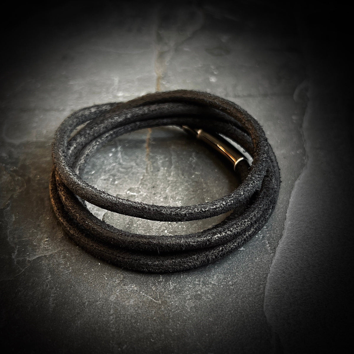 Handmade Minimalist Black Distressed Relic Leather Wrap Wristband Cuff Bracelet Accessory with Brushed Matte Lock Clasp