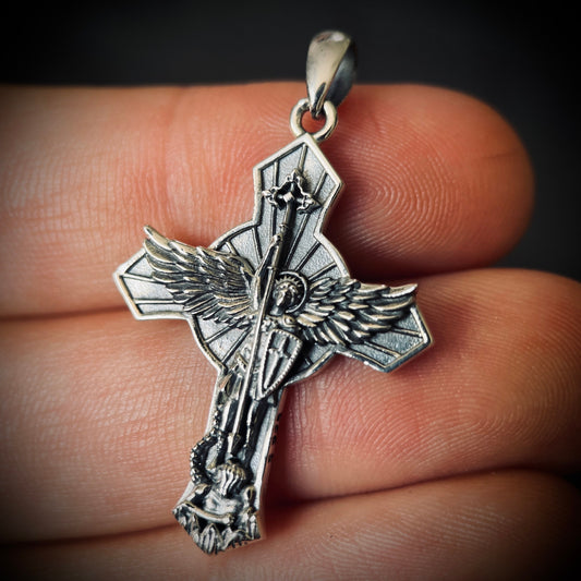 Archangel - 925 Solid Sterling Silver Handmade Saint Michael "Protect Us" Cross Pendant with Presentation Gift Box