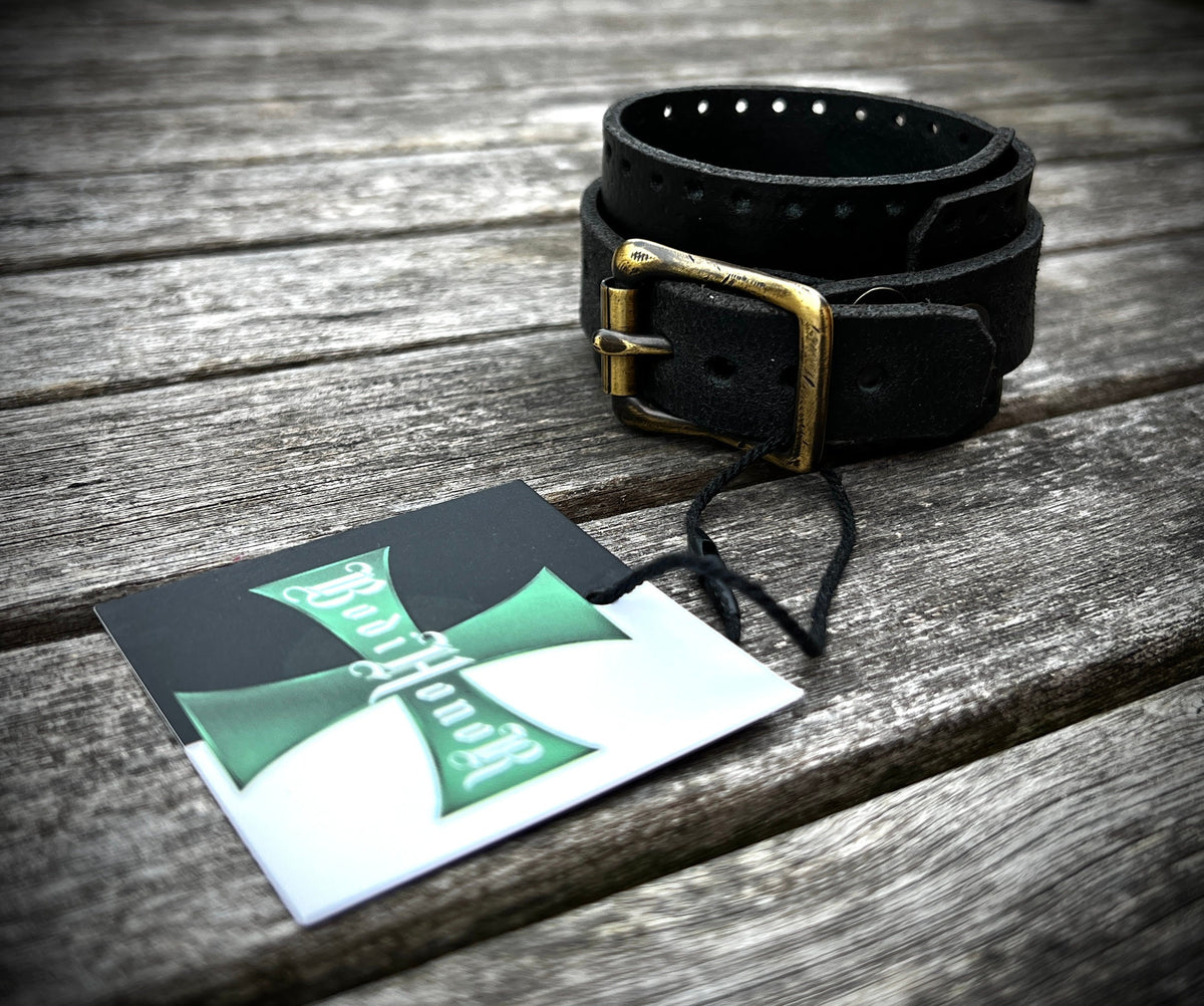 Artisan Handmade Road Rash Black Worn Out Distressed Relic Leather Wristband Cuff Bracelet Accessory with Oxidised Solid Brass Buckle Strap