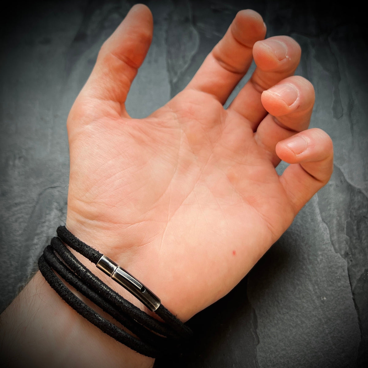 Handmade Minimalist Black Distressed Relic Leather Wrap Wristband Cuff Bracelet Accessory with Brushed Matte Lock Clasp