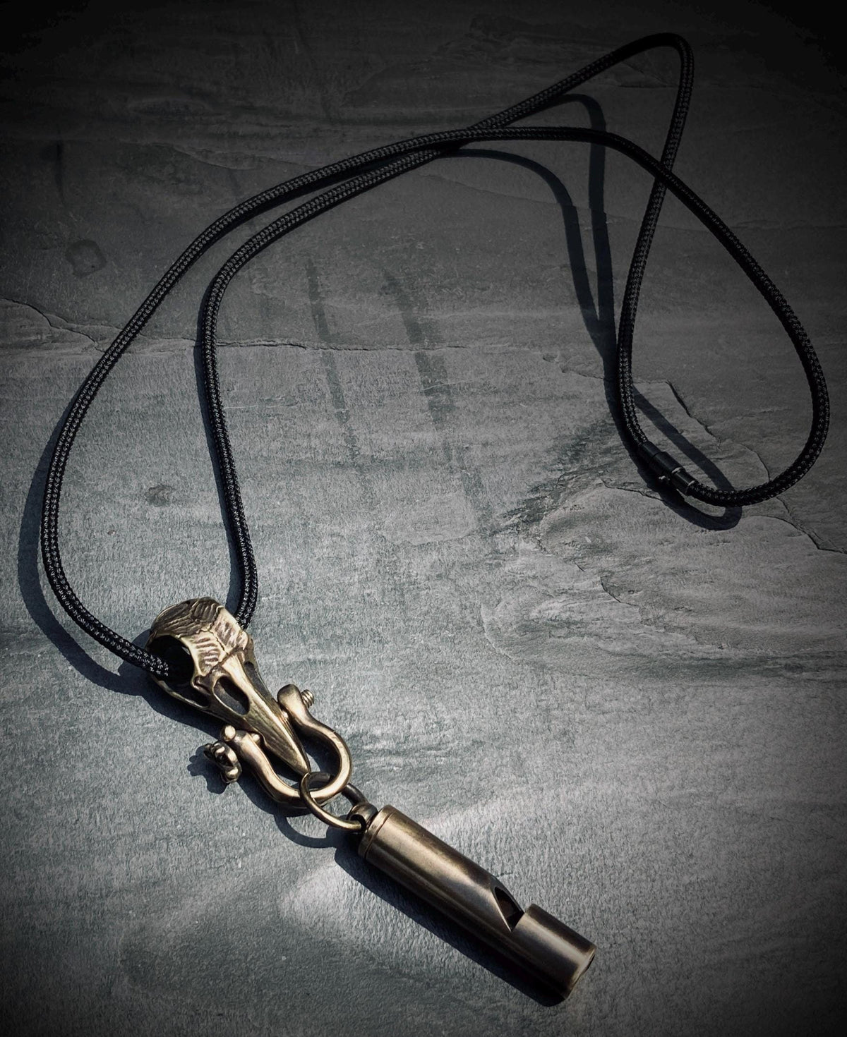 Handmade Brass Crow Skull Pendant with Whistle Attachment & Black Leather Cord Necklace