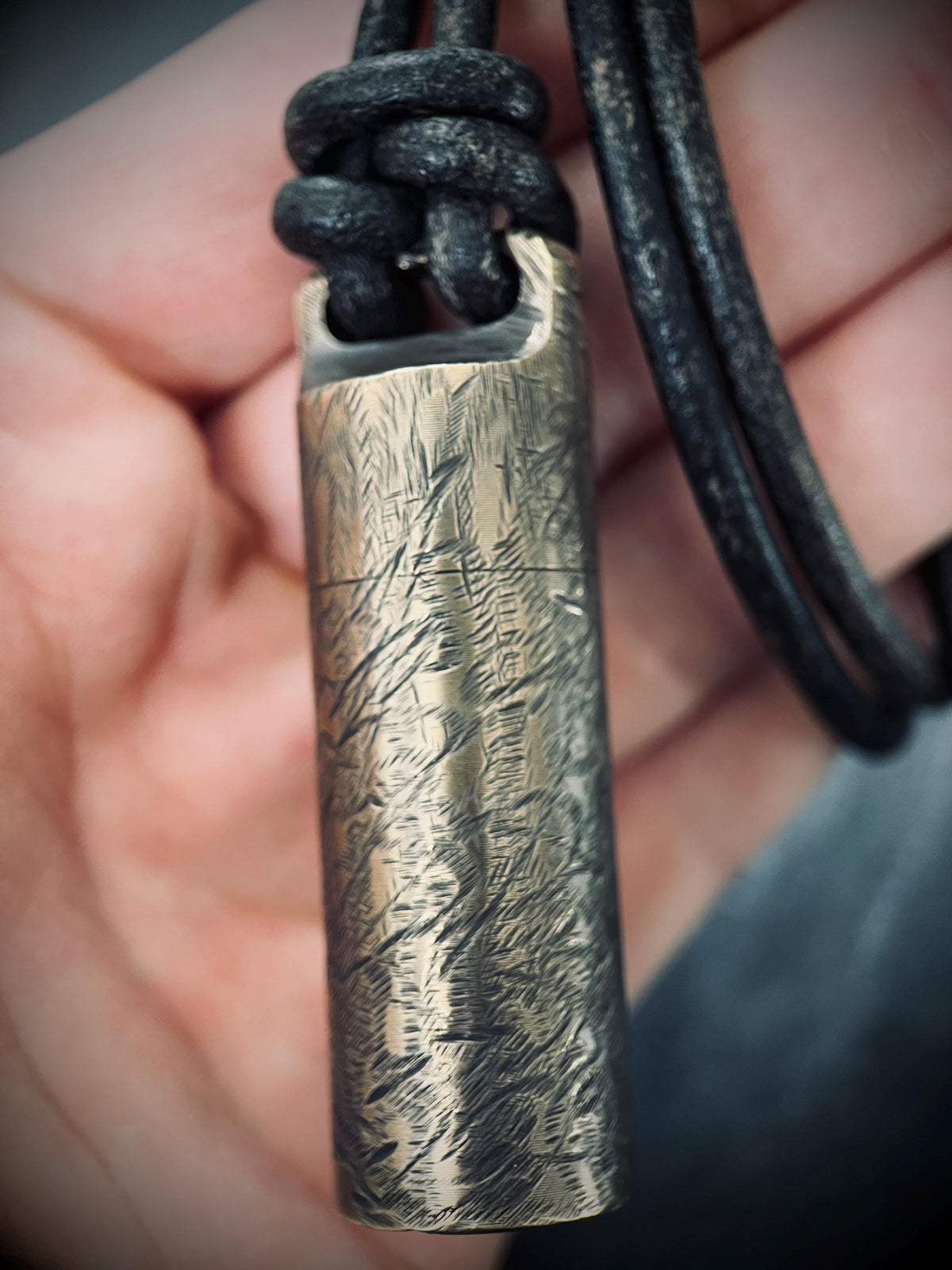 Large Rustic Brass Pill Vial Necklace: Distressed Capsule Stash Pendant with Leather Cord