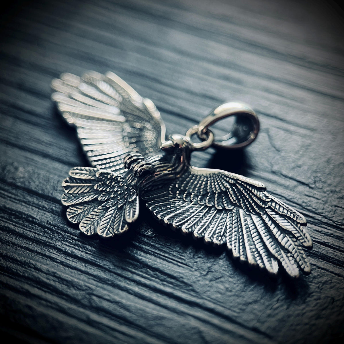 Oxidised Rustic Blackened 925 Solid Sterling Silver Winged Crow Bird Pendant
