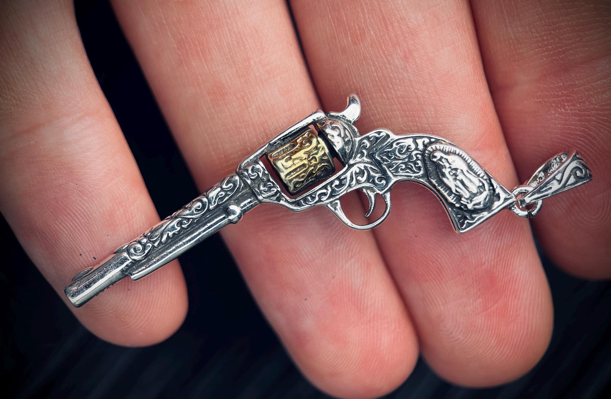 Ornate Engraved Stainless Steel Silver Outlaw Cowboy Revolver Gun Pendant with Gold Plated Cylinder