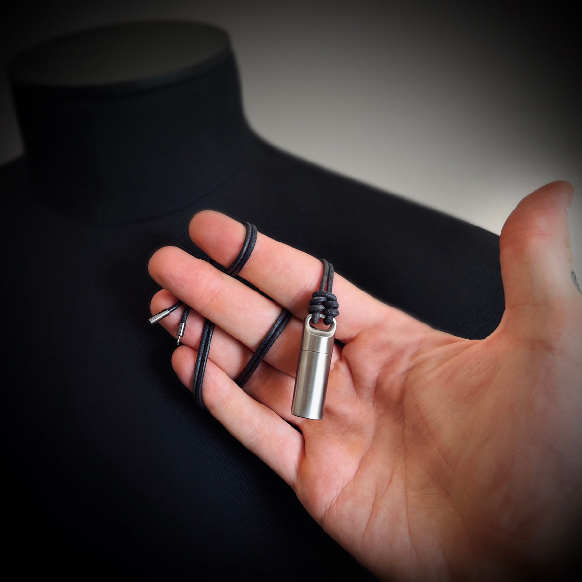 Brushed Matte Stainless Steel Small Pill Vial Shotgun Shell Capsule Stash Urn Pendant with Leather Rope Cord Necklace / EDC / Everyday Carry