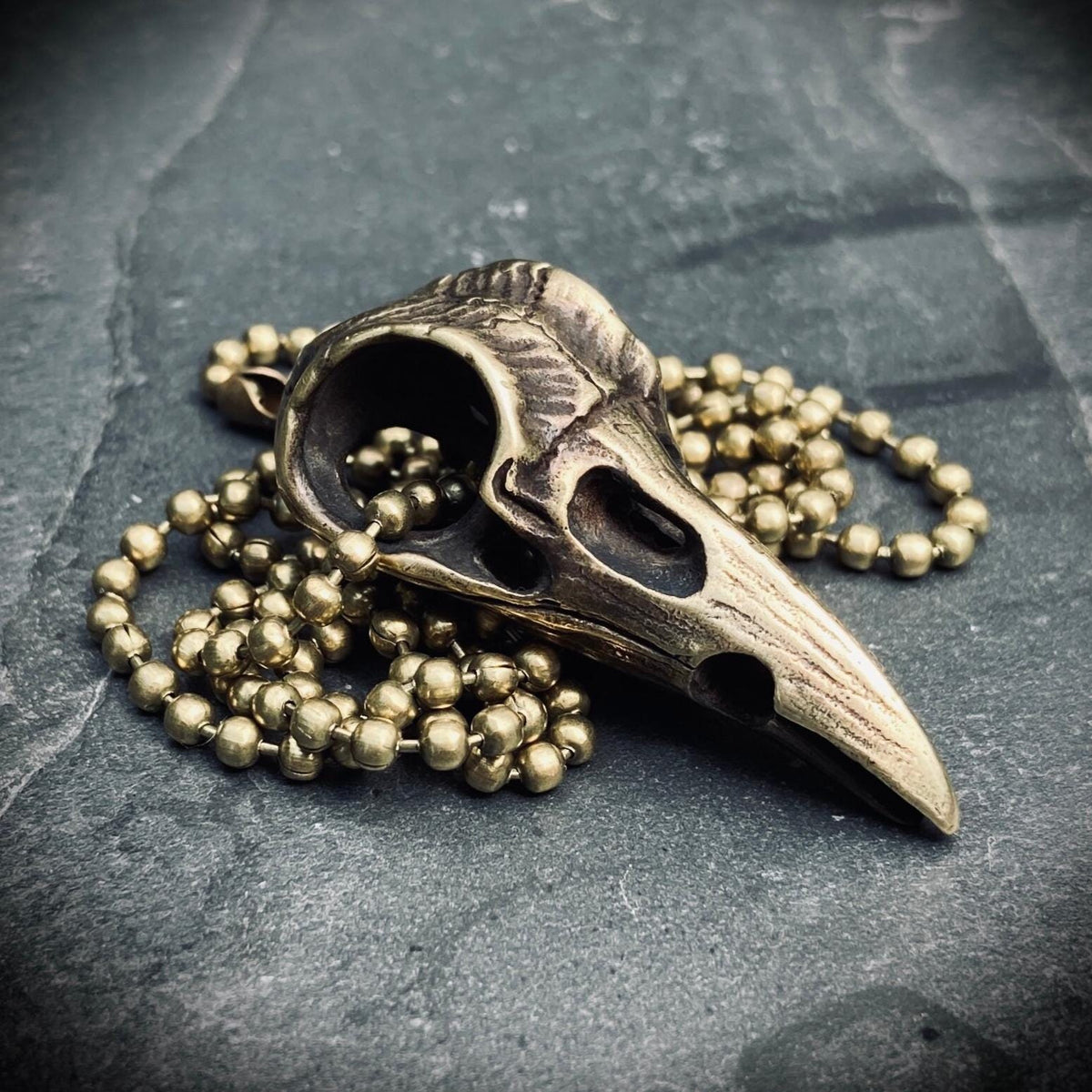 Handmade Solid Brass Distressed Crow / Raven Bird Skull Pendant with Matching Ball Chain Necklace