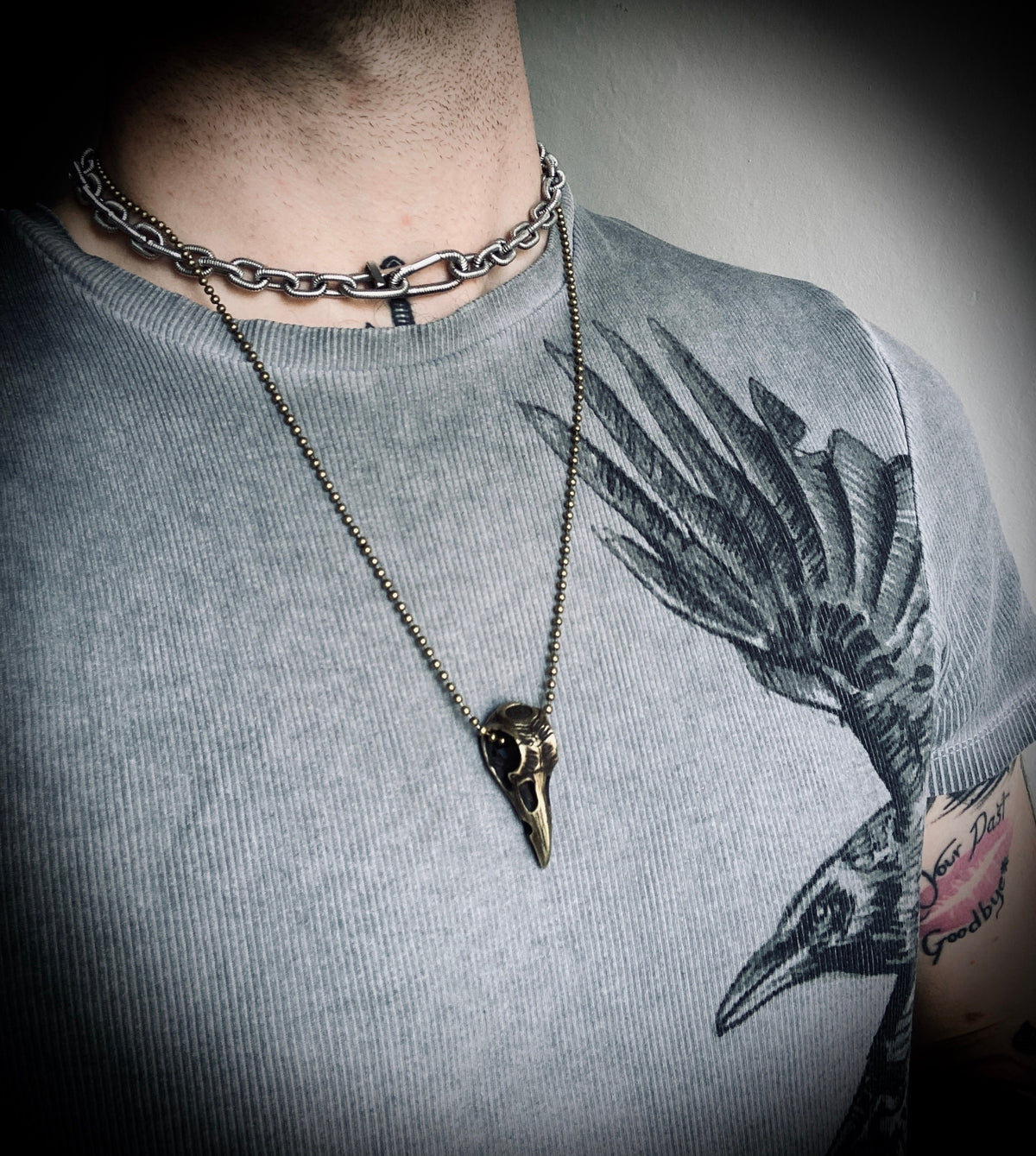 Handmade Solid Brass Distressed Crow / Raven Bird Skull Pendant with Matching Ball Chain Necklace