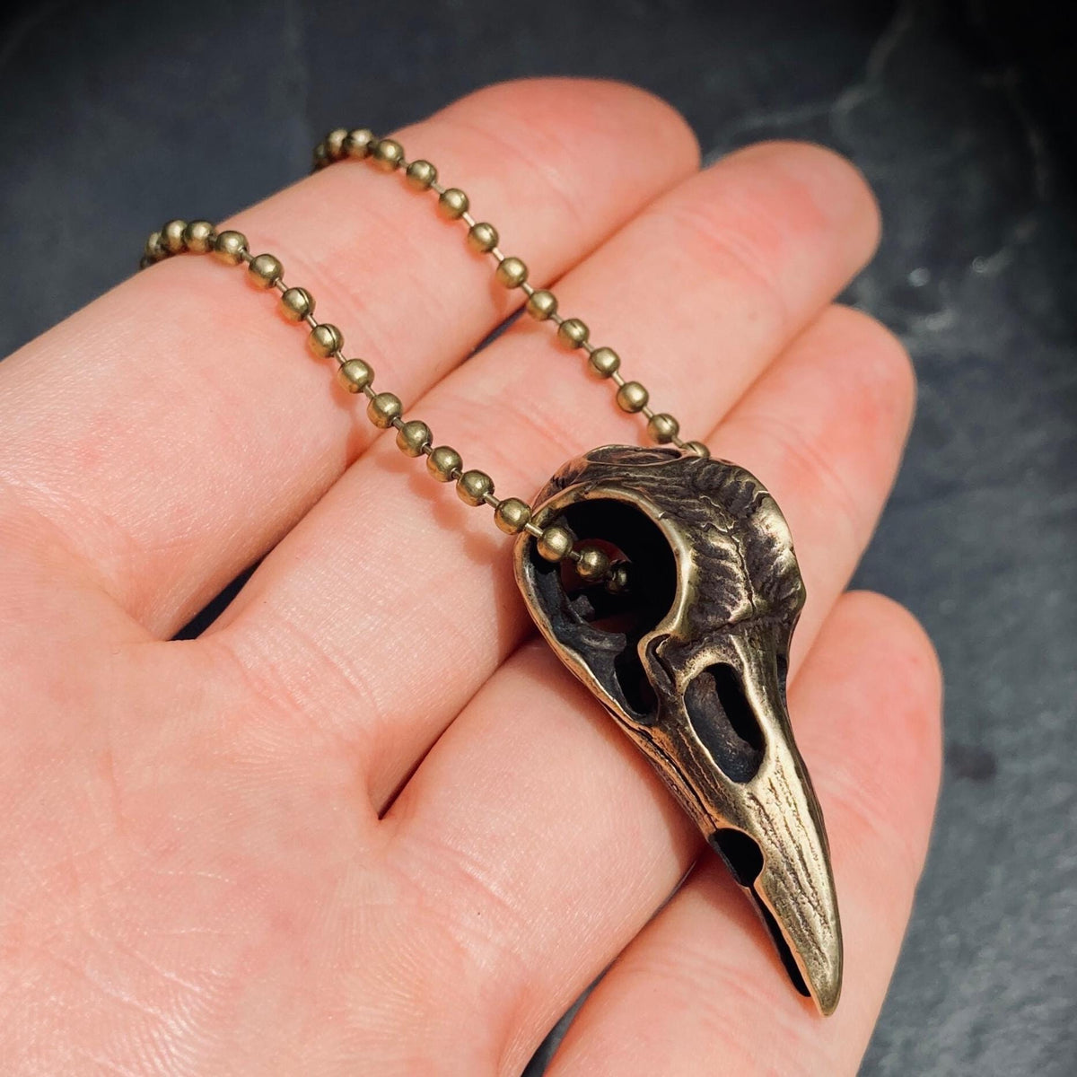 Handmade Solid Brass Distressed Crow / Raven Bird Skull Pendant with Matching Ball Chain Necklace