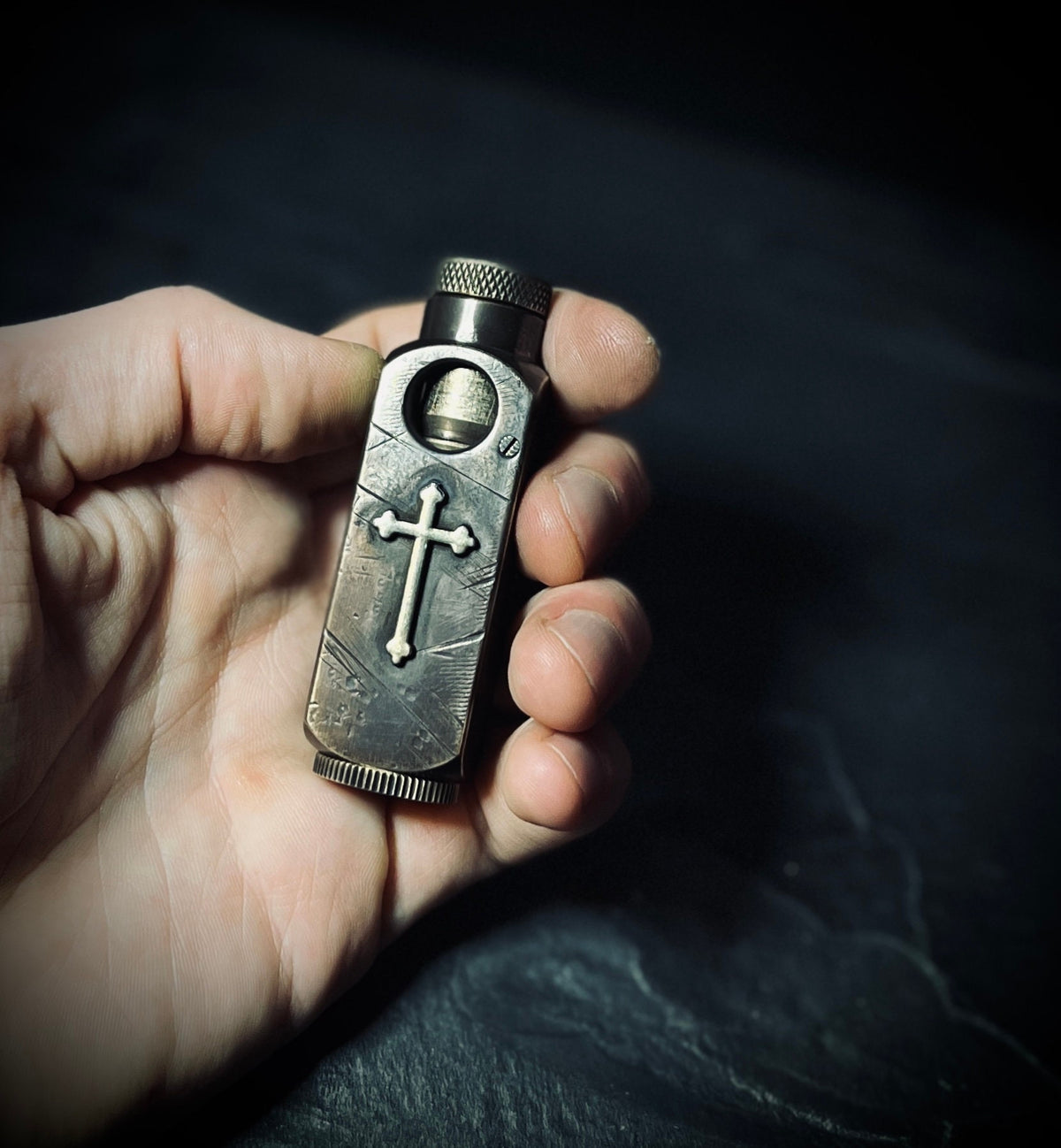 Distressed Vintage Style Dark Patina Solid Brass Heavy Metal Trench Art War Lighter with Cross Crucifix Emblem / EDC Gear / Everyday Carry