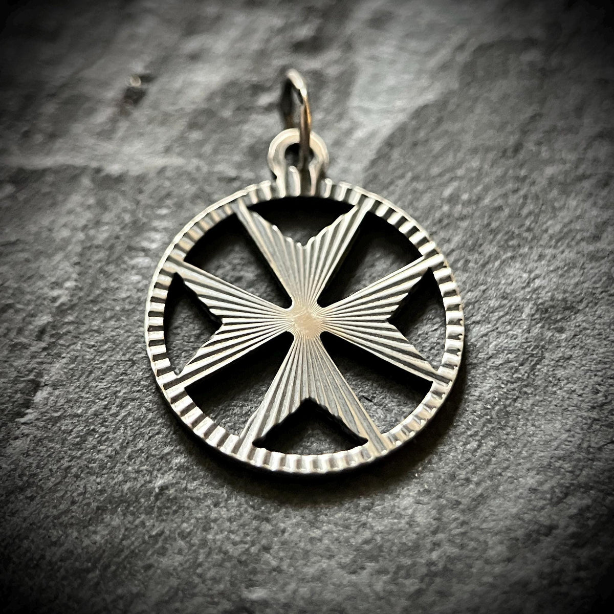 Small Oxidised Sterling Silver Decorative Maltese Cross Pendant – Rustic Crucifix Charm with Engravings