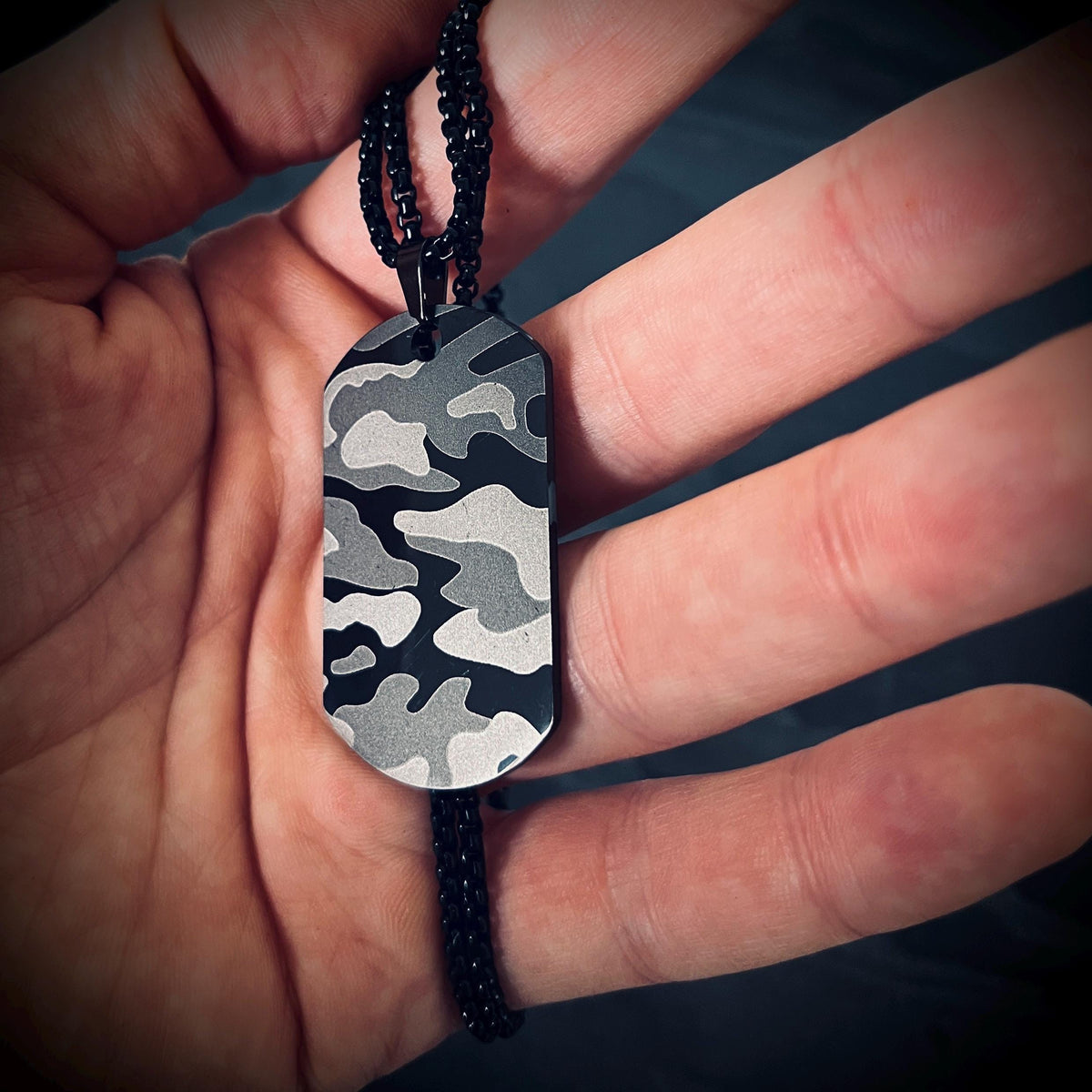 Matte Snow White Camo Dog Tag Necklace: Stainless Steel Metal Pendant with 24" Chain