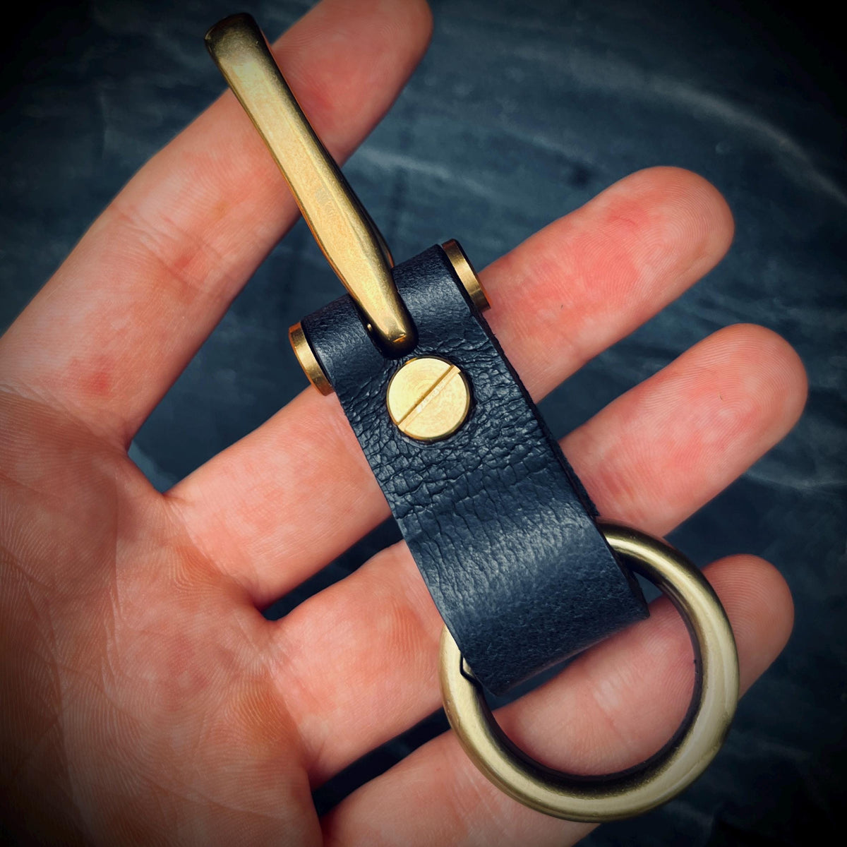 Distressed Black Leather Brass Fish Hook Belt Keychain / Key Holder / Lanyard / Carabiner