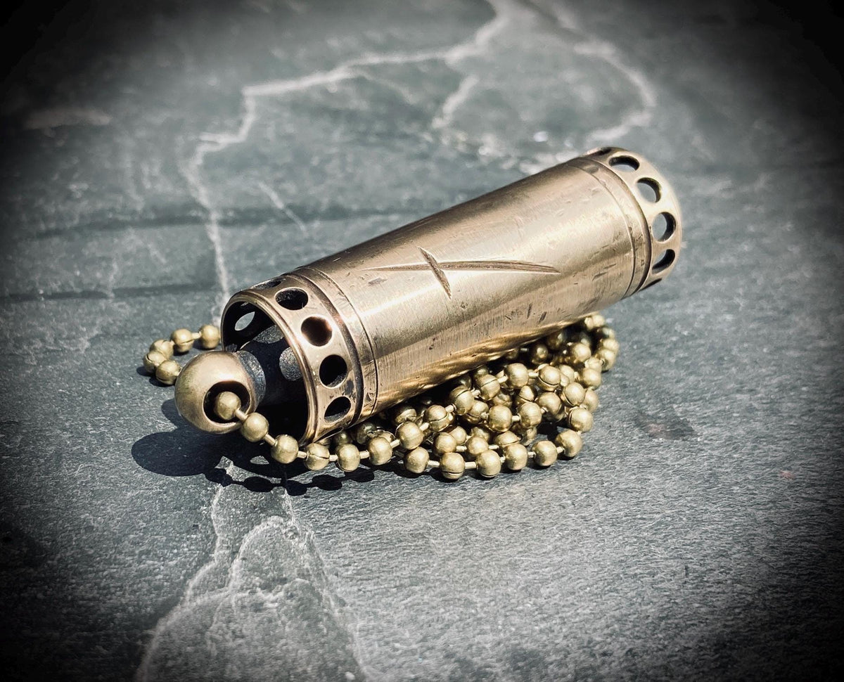 Aged Solid Brass Small Pill Vial Distressed Shotgun Shell Capsule Stash Urn Engraved Cross Pendant & Matching Ball Chain Necklace