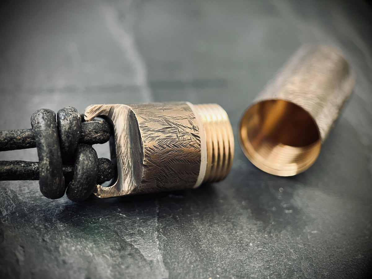 Large Rustic Brass Pill Vial Necklace: Distressed Capsule Stash Pendant with Leather Cord