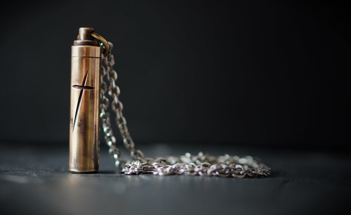 Personalised Engraved Letter Rustic Brass Capsule Stash Urn Vial Cross Symbol Pendant with Silver Stainless Steel Cable Chain Necklace