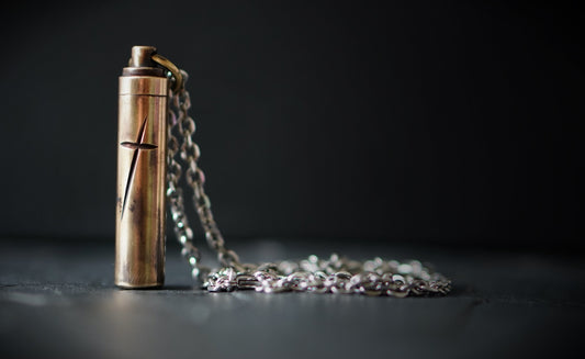 Personalised Engraved Letter Rustic Brass Capsule Stash Urn Vial Cross Symbol Pendant with Silver Stainless Steel Cable Chain Necklace