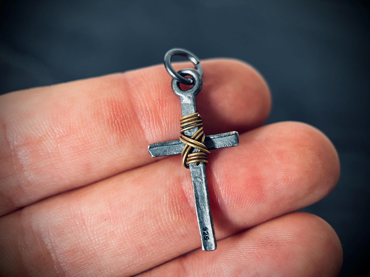 Distressed & Oxidised 925 Solid Sterling Silver Dainty Small Rustic Cross Crucifix Pendant with Brass Rope Wrapping | Minimalist | Plain