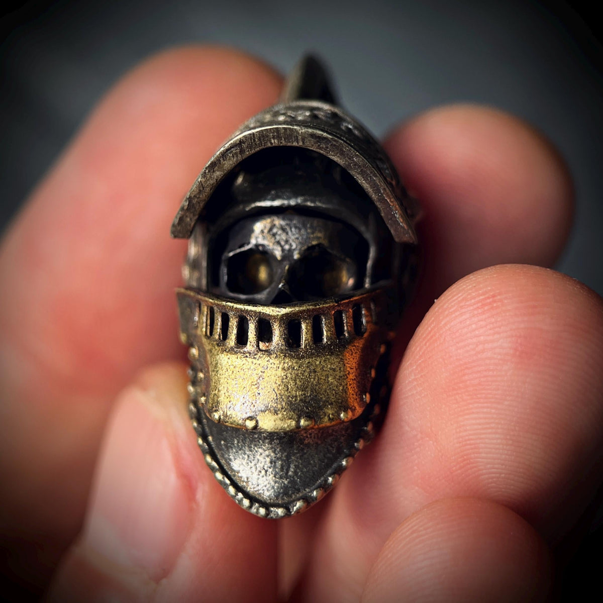 Ornate Highly Detailed Carved Distressed Aged White Brass Templar Knight Helmet Skull Pendant