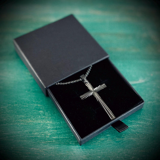 Black Stainless Steel Ornate Engraved Pattern Cross Pendant & Necklace - Boxy Style