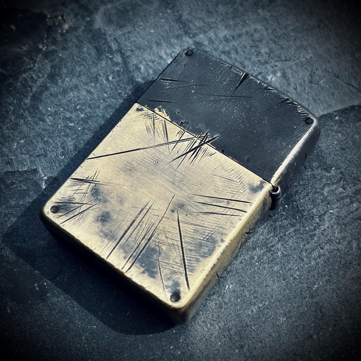 Customised Heavily Distressed Oxidised Black & Gold 2-Tone Patina Solid Brass Armor Heavy Wall Zippo Lighter / EDC / Vintage / Custom