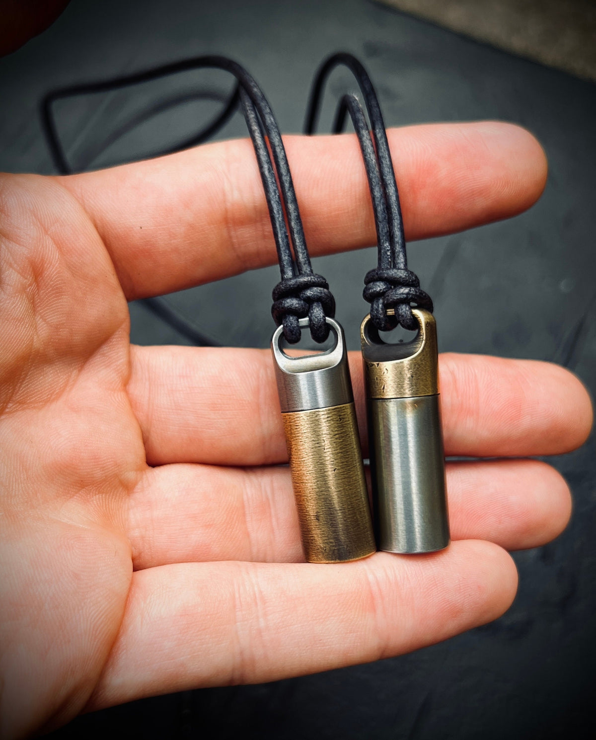 Two-Tone Brass & Stainless Steel Keepsake Necklace: Matching Pair of Stash Capsule Pendants / Couples / Friends