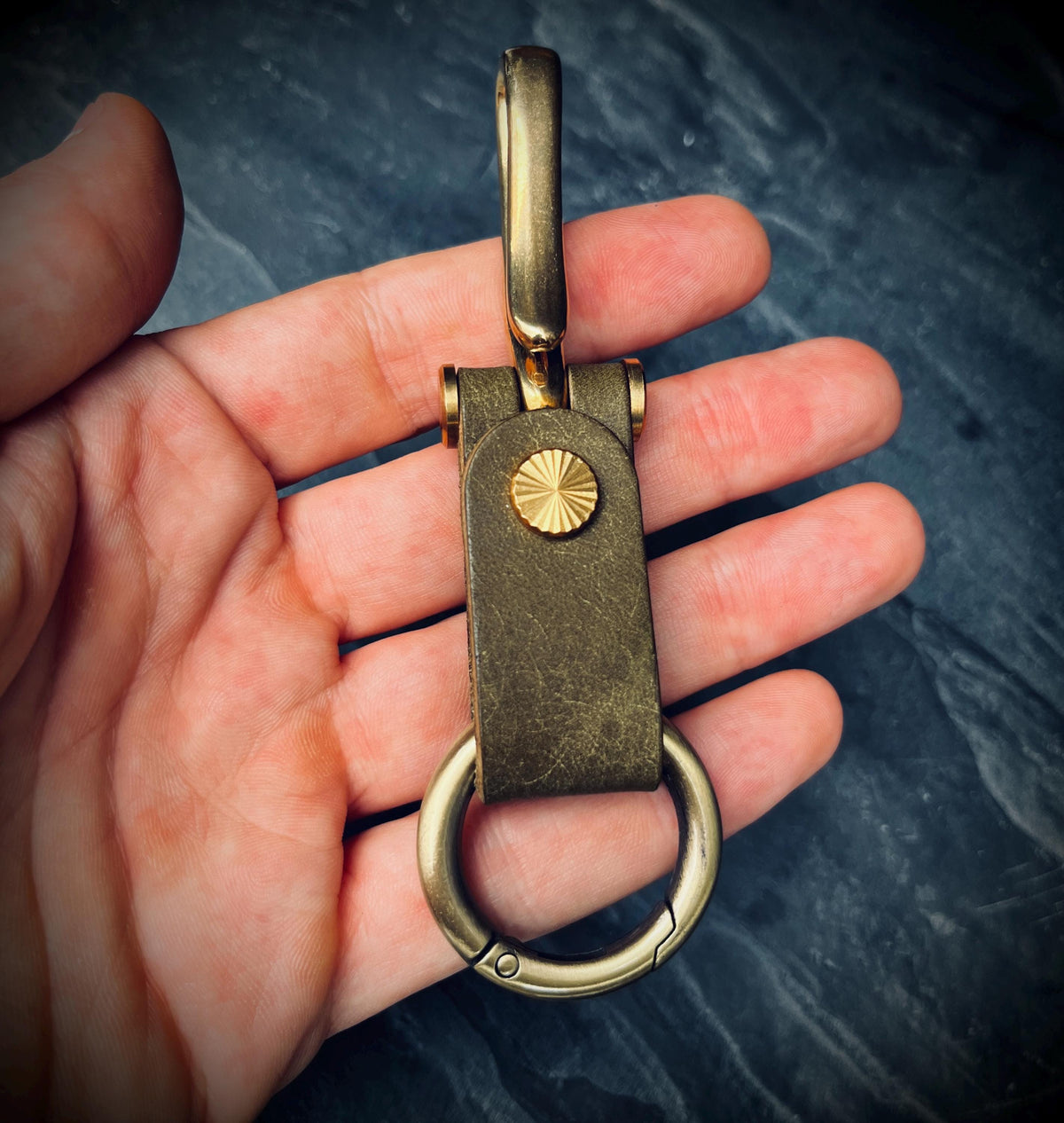 Distressed Olive Green Leather Brass Fish Hook Belt Keychain / Key Holder / Lanyard / Carabiner