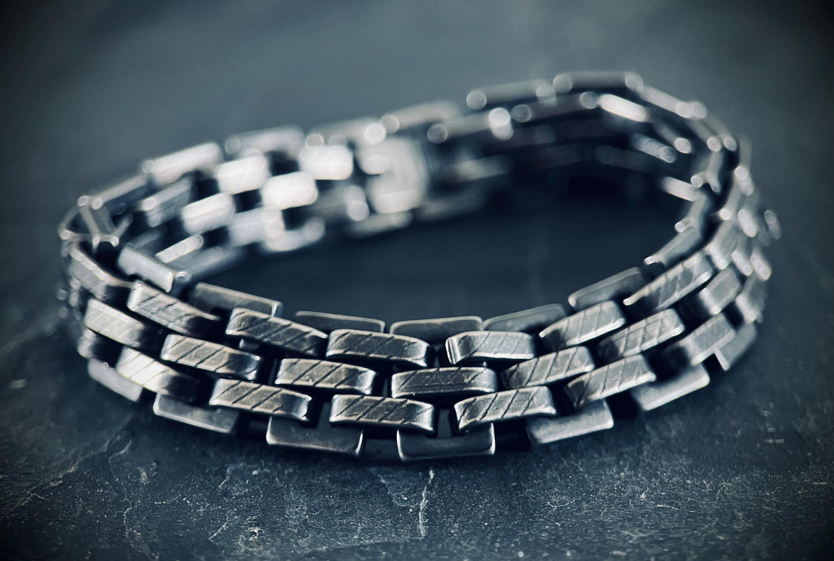 Brutalist Oxidised Stainless Steel Wide Thick Boxy Chunky Heavy Link Chain Bracelet - Mens