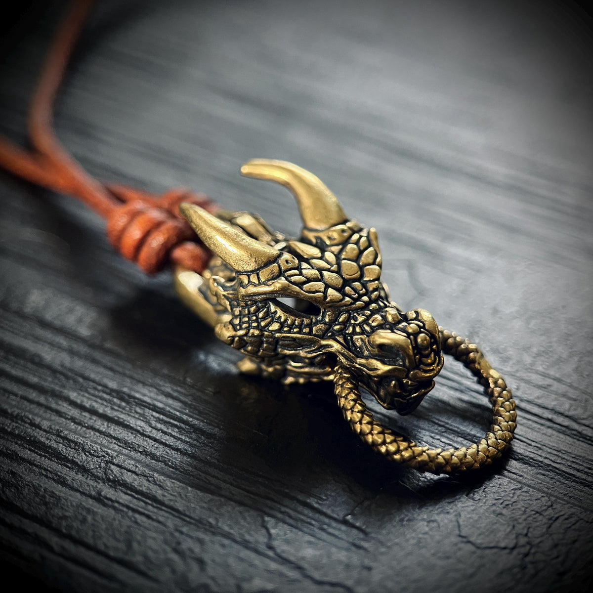 Oxidised Rustic Black & Gold Dragon Head Charm Amulet Pendant with Leather Cord Necklace