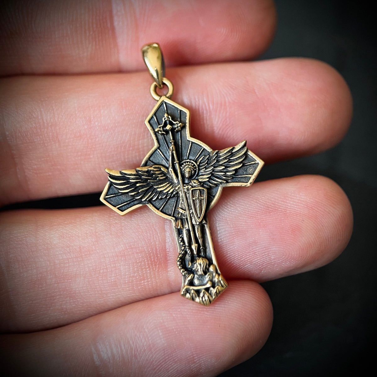 Archangel - 24ct Gold Plated Handmade Saint Michael "Protect Us" Crucifix Shield Pendant with Presentation Gift Box