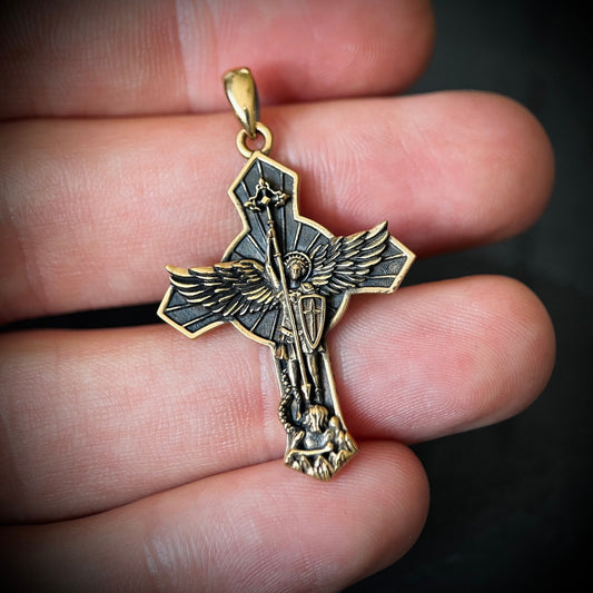 Archangel - 24ct Gold Plated Handmade Saint Michael "Protect Us" Crucifix Shield Pendant with Presentation Gift Box