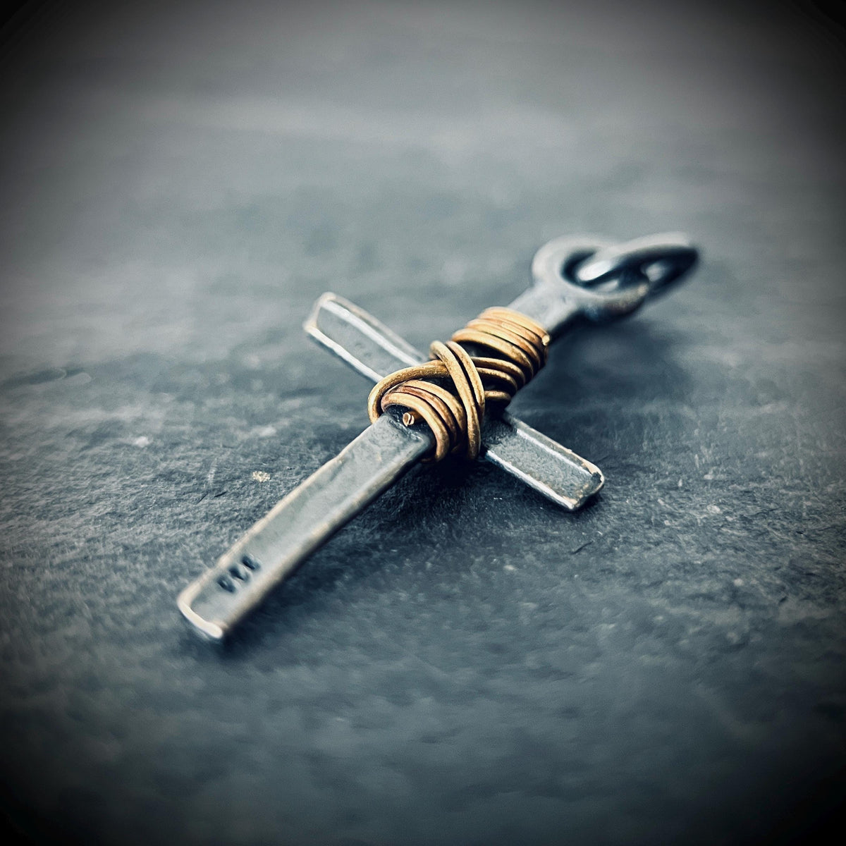 Distressed & Oxidised 925 Solid Sterling Silver Dainty Small Rustic Cross Crucifix Pendant with Brass Rope Wrapping | Minimalist | Plain