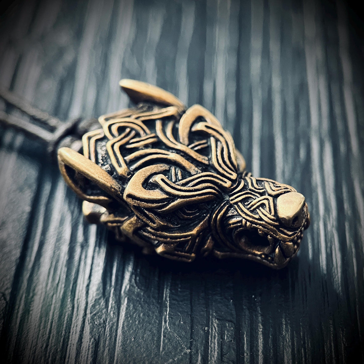 Rustic Brass Celtic Wolf Pendant & Black Distressed Leather Cord Necklace