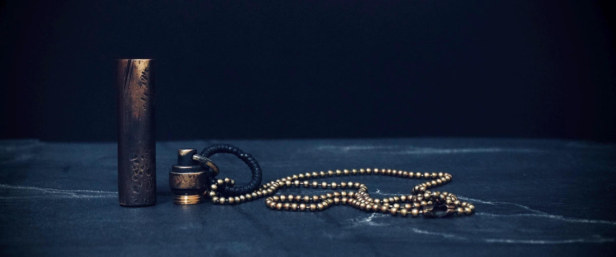Rustic Etched Distressed Brass Stash Capsule Pendant Necklace - Secret Scroll Vial