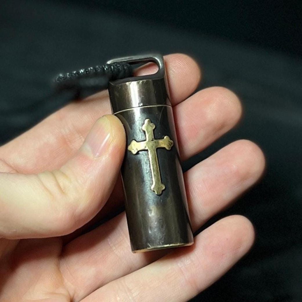Engraved Large Brass Bullet Shotgun Shell Stash Screw Capsule Key-chain with Crucifix Cross / Accessory / EDC / Everyday Carry / Pill Box