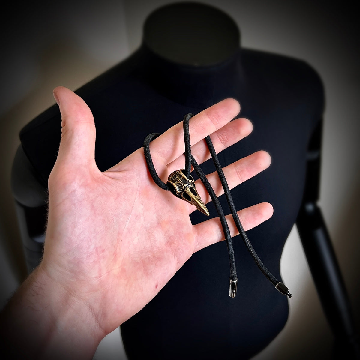 Rustic Oxidised Distressed Brass Crow Skull Pendant with Leather Cord Choker Necklace